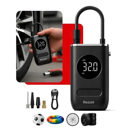 Mini Compressor Digital Portátil para Carro Moto e Bicicleta com Calibrador Digital Inflador Elétrico de Pneus LCD Lanterna LED Compacto e Recarregável Preto Marca Rezzet