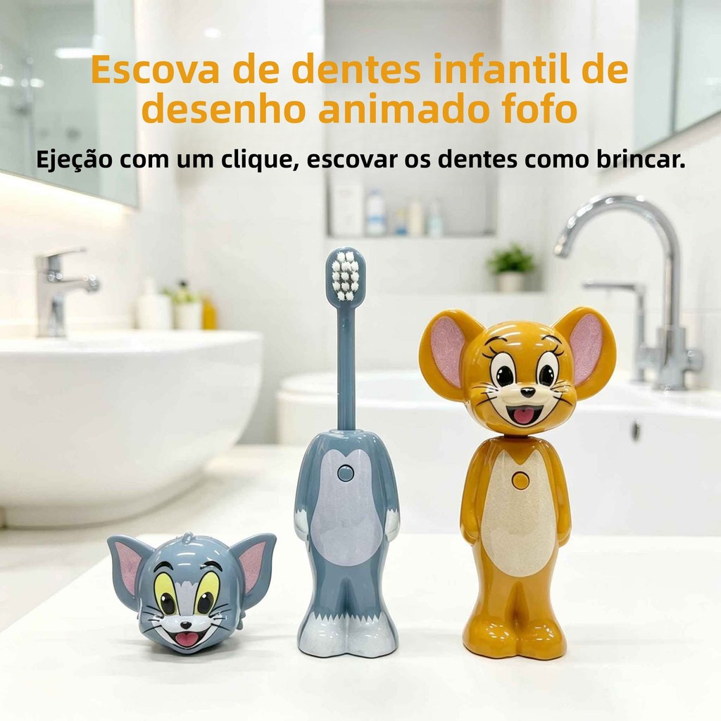 Escova de Dentes Retrátil de Cerdas Macias para Bebês e Crianças com Tema de Tom e Jerry