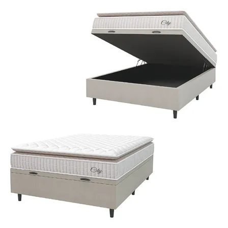 Cama Box Baú Colchão Casal Molas Ensacadas City Pillow Top 138x188x64cm Branco e Bege Hellen